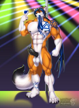 4_toes 5_fingers abs alty ankle_tattoo anthro arm_tattoo balls bangs bedroom_eyes biceps big_chest big_muscles big_penis black_claws black_hair black_markings black_nipples black_pawpads black_penis blue_highlights blue_tattoo bodily_fluids broad_shoulders canid canine chest_tattoo claws clothing condom deltoids dipstick_ears dipstick_tail dripping ear_markings erection feet finger_claws fingers fist fluffy fluffy_tail forearm_muscles fox fur genital_fluids genitals gloves_(marking) hair hi_res highlights_(coloring) holding_condom holding_object holding_wrapped_condom humanoid_genitalia humanoid_penis leaking_precum leg_markings leg_tattoo long_hair looking_at_viewer male mammal markings multicolored_body multicolored_ears multicolored_fur muscles muscular muscular_anthro muscular_male narrowed_eyes naughty_face nightclub nipples nude offering_sex offering_to_viewer on_stage orange_body orange_fur pawpads pecs penis plantigrade pole precum precum_drip quads seductive serratus sexual_barrier_device shaded shoulder_tattoo smile socks_(marking) soft_shading solo speedo speedo_in_mouth stage stage_lights standing strip_club stripper_pole swimwear tail tail_markings tattoo teeth toe_claws toes toothy_smile trapezius tribal tribal_tattoo two-tone_body two-tone_fur unused_condom vallhound vein veiny_penis white_body white_fur wrapped_condom yellow_eyes