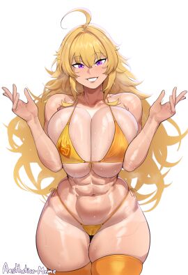 1female 1girls 2025 2d 2d_(artwork) absurd_res aestheticc-meme big_breasts bikini bikini_only blonde_female blonde_hair bodily_fluids breasts female hi_res high_resolution highres huge_breasts light-skinned_female light_skin muscular muscular_female png purple_eyes rwby seductive_look seductive_smile simple_background solo solo_female thick_thighs thighhighs thighs toned toned_body toned_female wet wet_body wet_skin white_background yang_xiao_long