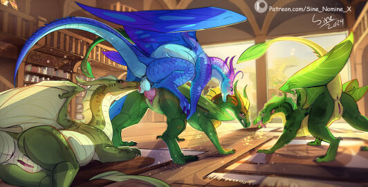 antennae_(anatomy) anus balls balls_lick bite blue_(wof) blush bodily_fluids cricket_(wof) doggy_style dragon duo ears_back feet female feral feral_on_feral frill_(anatomy) from_behind_position genital_fluids genitals group hazel_(wof) hi_res hivewing_(wof) knot leafwing_(wof) licking lying male male/female membrane_(anatomy) mounting mythological_creature mythological_scalie mythology neck_bite oral penile_spines penis perching_position pivoted_ears presenting presenting_pussy pussy raised_tail scalie sex silkwing_(wof) sine_nomine_x sundew_(wof) tail talons toes tongue tongue_out vaginal_fluids willow_(wof) wings_of_fire