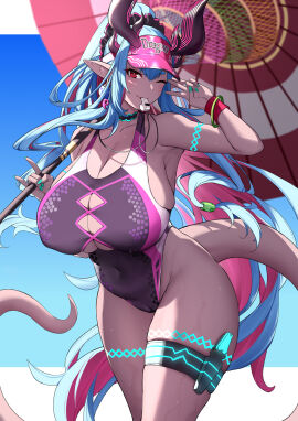 breasts cameltoe fate/grand_order fate_(series) fei_er female female_only horns huge_breasts ibuki_douji_(fate) ibuki_douji_(swimsuit_berserker)_(fate) one-piece_swimsuit oni pussy solo solo_female swimsuit thigh_strap thighs