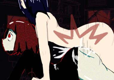 1boy 1femboy 1girls ahe_gao ass big_ass black_hair brown_hair cum cum_inside female femboy femboy_on_female flat_chest from_behind male milk_chan milk_outside_a_bag_of_milk_outside_a_bag_of_milk motion_lines sex sweater teeth thick_ass thick_thighs