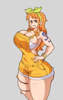 aidancore arm_tattoo bandaid bangs big_breasts body_writing bra bra_peek bracelet breasts cleavage clothing earrings female female_only grey_background hamjam hand_on_hip jewelry long_hair nami_(one_piece) one_piece one_piece_film_stampede orange_hair short_shorts shorts shoulder_tattoo solo sweat tattoo teeth thick_thighs thighs white_bra