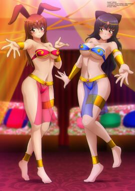 2girls amber_eyes anklet belly_dancer belly_dancer_outfit black_hair blake_belladonna bracelet breasts brown_eyes brown_hair cat_ears cat_girl catgirl cleavage faunus female harem harem_girl harem_outfit large_breasts loincloth long_hair looking_at_viewer rabbit_ears rabbit_girl rwby see-through_loincloth thong velvet_scarlatina zel-sama