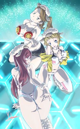 3girls ass big_breasts breasts female gundam gundam_build_fighters gundam_build_fighters_try hoshino_fumina kamiki_mirai presenting_ass red_hair sazaki_kaoruko skirt thighhighs