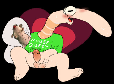 1boy 2d adult_swim balls blush body_pillow bodypillow bottomless critter dead_source digital_media glasses green_shirt hand_on_penis heart_background humanoid_penis male male_only masturbation mouse nerd non-human non-human_only opedealer penis pinup shirt shrimp shrimp_(smiling_friends) simple_background smiling_friends solo sweatdrop testicles toony