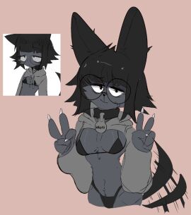 1girls 2024 bangs bikini black_bikini black_bra black_hair black_panties bra breasts breasts_out cat_ears cat_girl cat_tail catgirl collar cropped_sweater double_peace_sign fanart female female_only furry glasses grey_sleeves grey_sweater long_sleeves looking_at_viewer original_character panties peace_sign penismaster48 reference_image round_glasses short_hair simple_background sleeves small_breasts smile solo stomach sweater wagging_tail wagyu