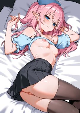 absurdres bed_sheet black_skirt black_thighhighs blue_eyes blue_hat blue_shirt breasts closed_mouth clothes_lift female from_above hat head_on_pillow highres long_hair looking_at_viewer lying mr_tangsuyuk navel nipples on_side original pillow pink_hair pointy_ears pussy shirt shirt_lift short_sleeves skindentation skirt small_breasts smile solo thighhighs uncensored