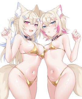 2girls alonekm big_breasts bikini blonde_hair blue_eyes blue_hair blue_nails blush breast_size_difference breasts collar dog_ears dog_girl dog_tail female female_only fuwamoco fuwawa_abyssgard golden_week hairclip hololive hololive_english hololive_english_-advent- large_breasts long_hair mococo_abyssgard nail_polish oerba_yun_fang pink_eyes pink_hair pink_nails sharp_fingernails short_hair sisters small_breasts sweatdrop tail two-tone_hair virtual_youtuber yellow_bikini