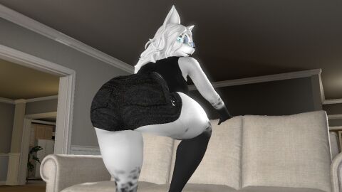 3d ass bent_over black_hands black_muzzle black_shorts black_tank_top blue_eyes blue_sunglasses breasts couch cyan_eyes female furry furry_ass furry_breasts furry_ears furry_female furry_only furry_tail glasses large_ass large_breasts looking_at_viewer looking_back looking_back_at_viewer muzzle original_character shorts solo source_filmmaker source_filmmaker_(artwork) tank_top teasing thick_thighs white_body white_ears white_fur white_hair