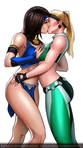 2d 2girls barbachossa breasts female hands_on_breasts kissing kitana mortal_kombat multiple_females multiple_girls sonya_blade sonya_blade_(mk_1)