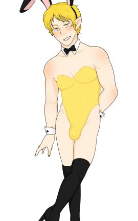 1boy bill_cipher black_ears blush boots bowtie bowtie_collar bulge bulge_through_clothing bunny_boy bunny_costume bunny_ears bunnysuit cartoony cat_eyes collar color cuffs cuffs_(clothing) demon demon_humanoid detached_collar detached_cuffs digital_drawing_(artwork) digital_media_(artwork) earring erect_nipples erect_nipples_under_clothes femboydom freckles gold_jewelry gravity_falls high_heel_boots hotfiresu human_bill_(gravity_falls) humanized humanoid humanoid_genitalia humanoid_penis leotard light-skinned_male light_skin long_boots male male_focus male_only muscular muscular_male nail_polish nipple_bulge nipples not_ai_generated pecs penis playboy_bunny playboy_bunny_leotard pointy_ears shaded short_hair smirking_at_viewer solo solo_male standing yellow_eyes yellow_hair yellow_leotard