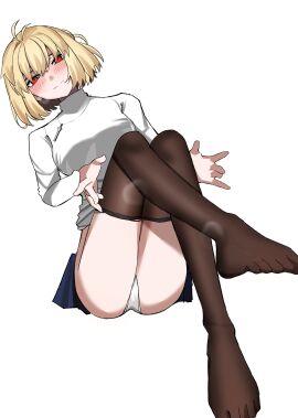 ahoge arcueid_brunestud blonde_hair blush feet feet_up female flustered foot_fetish jewelry leggings leggings_down leggings_pull looking_at_viewer melty_blood musi_2nd necklace panties pulling_down_pants red_eyes removing_clothing removing_legwear showing_ass showing_butt shy skirt steam steamy stripping sweater tsukihime tsukihime_(remake) vampire vampire_girl