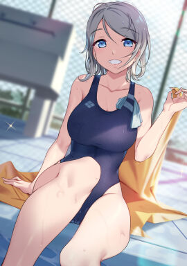 1girls blue_eyes brown_hair cameltoe competition_swimsuit female grey_hair legs looking_at_viewer love_live! love_live!_sunshine!! one-piece_swimsuit pool poolside pussy short_hair sitting solo swimsuit thighs watanabe_you yamaori_(yamaorimon)