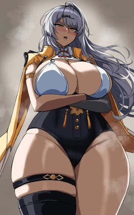 1girls arms_under_breasts big_breasts blush breast_support breasts cleavage cleavage_cutout crossed_arms drogod_(artist) female hair_ornaments highres hoyoverse huge_breasts latex latex_clothing leotard long_gloves long_hair looking_at_viewer mihoyo silver_hair simple_background solo solo_female thick_thighs very_long_hair white_background wide_hips yellow_eyes yixuan_(zenless_zone_zero) yunkui_summit zenless_zone_zero