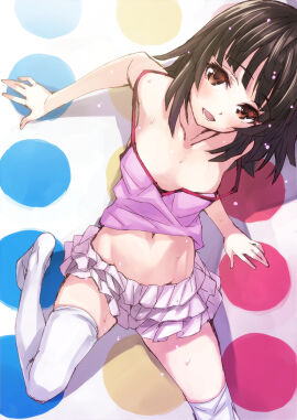 bare_arms bare_belly bare_shoulders belly_button blush breasts brown_eyes brown_hair camisole cleavage collarbone feet female matsuryuu medium_breasts medium_hair monogatari_(series) navel_cutout no_bra open_mouth sengoku_nadeko skirt smile strap_slip sweat sweaty_body thighhighs thighs twister white_thighhighs zettai_ryouiki