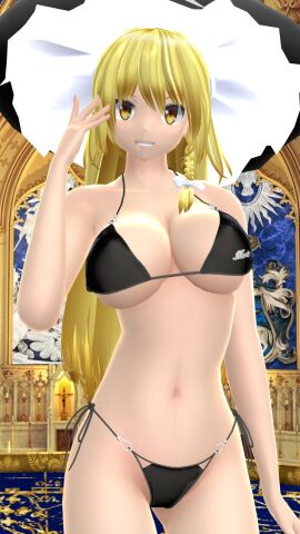 1girls 2024 3d belly_button bikini black_bikini blonde-haired_female female gold_eyes hati_yukkuri_mmd indoors light-skinned_female light_skin long-haired_female looking_at_viewer marisa_kirisame mmd smiling_at_viewer solo_female solo_focus swimsuit touhou white_bowtie witch_hat