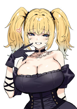 ani_(twitter) ani_(xai) arm_up black_choker black_dress black_gloves blonde_hair blue_eyes breasts choker cleavage commentary dress english_commentary female gloves grin grok_(x) grok_(xai) highres huge_breasts long_hair long_sleeves sky_(freedom) smile solo twintails twitter
