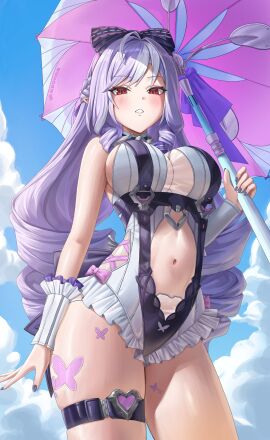 1girls breasts exposed_breasts female hoyoverse legs long_hair mihoyo official_alternate_costume purple_hair red_eyes swimsuit vivian_banshee vivian_banshee_(iris_of_the_shore) white_swimsuit zenless_zone_zero