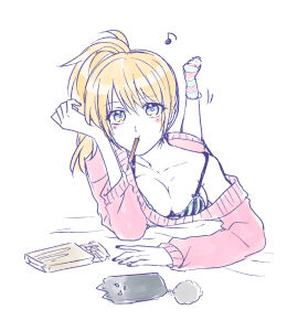 aikawa_(pixiv) alternate_costume blonde_hair blue_eyes bra breasts canon_genderswap casual casual_exposure cellphone cleavage cute female female_only genderswap genderswap_(mtf) gintama gyaru long_hair looking_at_viewer medium_breasts no_sex off_shoulder okita_sougo okita_souko on_stomach phone pocky ponytail rule_63 side_ponytail solo sweater teenage_female teenager