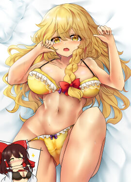 2girls absurdres black_bra blonde_hair blush bow bow_bra bow_panties bra braid breasts brown_hair cleavage commentary_request female hairbow hakurei_reimu highres kirisame_marisa large_breasts long_hair looking_at_viewer lying multiple_females multiple_girls navel on_back on_bed open_mouth paid_reward_available panties poke200 red_bow side_braid single_braid solo_focus textless_version touhou underwear variant_set yellow_bra yellow_eyes yellow_panties