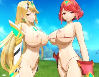 2girls 3d abdomen blonde_hair blush breasts core_crystal erect_nipples female gloves hi_res htr18 huge_breasts long_hair looking_at_viewer micro_bikini multiple_females multiple_girls mythra navel nipples nude pyra red_eyes red_hair seductive seductive_smile smile teenager voluptuous xenoblade_(series) xenoblade_chronicles_2 yellow_eyes