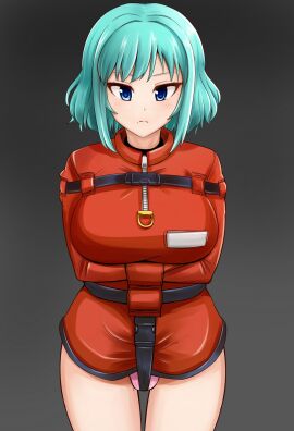 aqua_hair bad_id bad_pixiv_id belt blue_eyes bondage bound breasts commentary_request female frown grey_background highres large_breasts original panties photoshop_(medium) pink_panties rebake rebake-1453 short_hair straitjacket underwear zipper