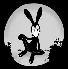 black_and_white bunny disney fanny_cottontail flower flowers looking_at_viewer naked oswald_the_lucky_rabbit ratsinablanket smiling