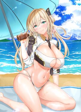 beach bikini blonde_hair breasts daiyp1 duel_monster female female_only green_eyes large_breasts sky_striker_ace_raye solo solo_female sunscreen tie umbrella yu-gi-oh!