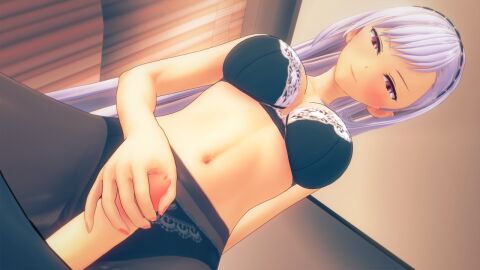 1boy 1girls black_bra black_panties blush bra breasts censored classroom_of_the_elite closed_mouth dutch_angle female hairband handjob hetero indoors kiryuuin_fuuka koikatsu large_breasts long_hair looking_at_viewer male mosaic_censoring navel notpistol panties panties_under_pantyhose pantyhose penis pov purple_eyes red_eyes smile solo_focus underwear underwear_only very_long_hair white_hair youkoso_jitsuryoku_shijou_shugi_no_kyoushitsu_e