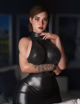 1girls 3d black_dress breasts curvaceous curvy curvy_female dimly_lit ellie_(the_last_of_us) ellie_williams female female_only freckles_on_face freckles_on_shoulders fully_clothed green_eyes highres large_breasts latex_dress looking_at_viewer makeup no_penetration no_sex red_nail_polish rude_frog solo solo_female tattoo tattoo_on_arm the_last_of_us the_last_of_us_2