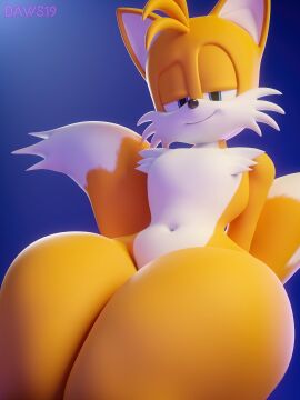2024 3d anthro bedroom_eyes belly_button big_tail big_tails blue_background blue_eyes daws19 digital_media femboy feminine_tails fox fox_boy girly highres huge_thighs looking_at_viewer looking_down male male_only midriff miles_prower miles_tails_prower navel seductive sega simple_background small_waist smile sonic_(series) sonic_the_hedgehog_(series) tails tails_the_fox thick thick_thighs thighs thighs_bigger_than_head thighs_bigger_than_torso white_fur wide_hips yellow_fur