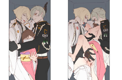 1girls 2boys anal blonde_hair brown_hair coat commentary_request cramped dal-gi double_penetration dubious_consent faceless faceless_female female female_saniwa_(touken_ranbu) french_kiss green_hair group_sex higekiri_(touken_ranbu) highres hizamaru_(touken_ranbu) japanese_clothes kimono kissing korean_commentary male mmf_threesome multiple_boys multiple_males orange_eyes pink_kimono pussy saliva saliva_trail sandwiched short_hair straight stuck_in_a_box threesome touken_ranbu upright_straddle vaginal_penetration