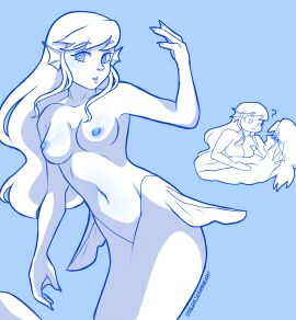 1girls belly_button breast_press breasts breasts_on_chest chibi dreamjasmine ear_fins female fins laying_on_person long_hair medium_breasts merfolk mermaid mermaid_girl mermaid_tail monochrome nipples nude original_character topless topless_female webbed_hands