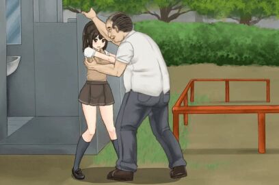 1boy 1girls age_difference animated aokumashii big_breasts breasts buchikome_high_kick fat_male female female_human game_cg gameplay human human_male larger_male light-skinned_female light_skin male mature_male medium_breasts molestation older_male ponytail pushing pushing_away school_uniform skirt slim_waist smaller_female sprite struggling teenage_female teenager ugly_bastard variant younger_female