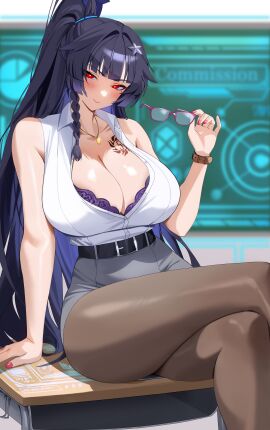 absurdres arm_support belt black_hair bra braid breasts cleavage closed_mouth collarbone collared_shirt commission crossed_legs ddog desk female glasses grey_skirt hair_ornament high_ponytail highres holding holding_removed_eyewear indoors jewelry large_breasts long_hair looking_at_viewer nail_polish necklace on_desk ponytail purple_bra red-framed_eyewear red_eyes shirt sitting skirt sleeveless sleeveless_shirt smile solo star_(symbol) star_hair_ornament tatakau_ataisuru tatakau_ni_atai_suru teacher thighs underwear unworn_eyewear very_long_hair white_shirt yamaguchi_ryoko