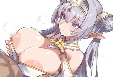 1boy absurdres blue_eyes breasts britomart_(fate) britomart_(second_ascension)_(fate) closed_mouth double_bun ebora fate/grand_order fate_(series) female grey_hair hair_bun hairband highres huge_breasts large_areolae long_hair male metal_hairband nipple_slip nipples non-web_source paizuri pointy_ears smile straight twintails white_background