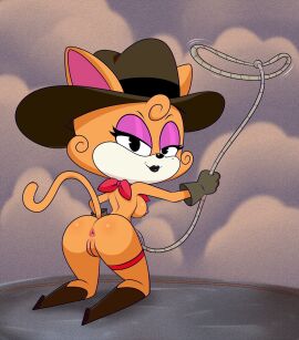 2025 acecraft anthro anus breasts domestic_cat elsa_(acecraft) felid feline felis female fur genitals half-closed_eyes hi_res lasso lonbluewolf looking_at_viewer looking_back looking_back_at_viewer mammal narrowed_eyes nipples solo tan_body tan_fur vulva