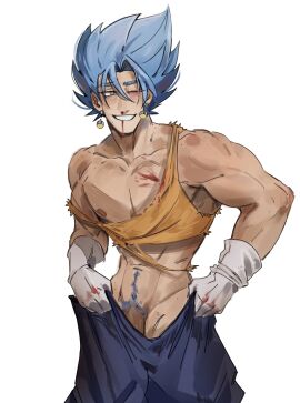 1boy absurdres bare_pectorals bruise bruised_eye coffezitos covering_crotch covering_privates cowboy_shot dougi dragon_ball dressing earrings frisk_(coffezit0s) gloves highres injury jewelry looking_at_viewer male male_focus male_only muscular muscular_male navel_hair nipples nosebleed one_eye_closed pectorals penis penis_peek potara_earrings shirt solo spiked_hair standing stomach super_saiyan super_saiyan_blue torn_clothes torn_shirt vegetto white_gloves