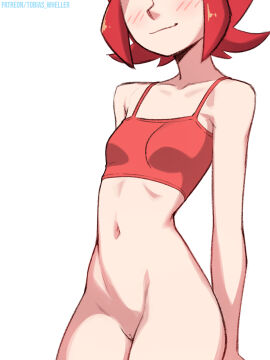 1girls belly blush bottomless breasts crop_top demon demon_girl exposed_pussy female female_only light-skinned_female light_skin maddie_(tobias_wheller) original pussy red_hair shirt small_breasts smile solo solo_female tagme tank_top tobias_wheller topwear uncensored