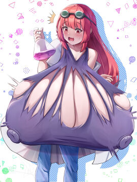 breast_expansion breast_growth breast_growth_(enlargement) breasts erect_nipples expansion expansion_sequence female gigantic_breasts goggles goggles_on_head holding_object hyper_breasts mklucas39 nipple_bulge nipples original original_character red_eyes ripped_clothing scientist shocked someone_else's_oc torn_clothes vial wardrobe_malfunction wavy_mouth