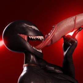bald black_body blender doomfella fangs female fortnite large_penis licking licking_penis light-skinned_male long_tongue male marvel marvel_comics marvel_rivals penis penis_worship sharp_teeth she-venom symbiote teasing_penis