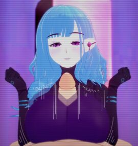 1boy 1girls 3d big_breasts blue_hair blush breasts female hands-free_paizuri kira_miki koikatsu large_breasts light-skinned_female light-skinned_male light_skin long_hair looking_at_viewer male motion_lines paizuri pale-skinned_female pale_skin pov precum smile spiritofrei tagme text va-11_hall-a