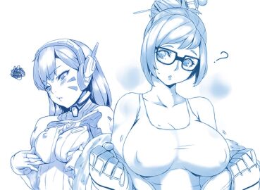2girls ? annoyed bare_shoulders beads blush blush_stickers bodysuit breast_envy breast_press breasts breasts_squeezed_together chestnut_mouth cleavage coat collarbone covered_erect_nipples crop_top d.va facepaint facial_mark female fur glasses gloves hair_bun hair_ornament hair_stick hairpin headphones large_breasts lips long_hair long_sleeves mei_(overwatch) monochrome multiple_females multiple_girls overwatch overwatch_2 pout short_hair sidelocks simple_background single_hair_bun squiggle tank_top undressing whisker_markings white_background yui.h