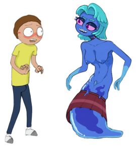 1boy 1girls alien alien_girl breasts choker clavicle exposed female guma human_fangirl_(rick_and_morty) male monster_girl navel nude pussy rick_and_morty shiny_nipples skirt skirt_down slime slime_girl slug small_boobs