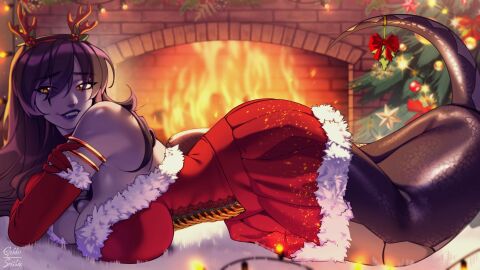 breasts christmas_clothing christmas_headwear christmas_tree fangs female gekko-seishin hi_res indie_virtual_youtuber inside looking_at_viewer lying lying_down lying_on_stomach orange_eyes pierced_nipples purple_hair purple_skin snake_girl vexoria_the_sun_eater virtual_youtuber