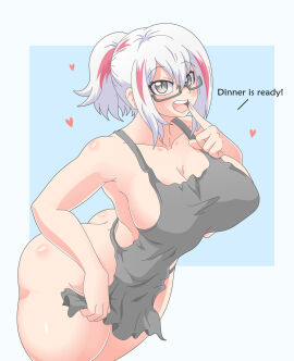 1girls apron apron_only ass big_ass boku_no_hero_academia chrissursilversoul fuyumi_todoroki grey_eyes heart hearts_around_body huge_ass multicolored_hair my_hero_academia nipple_bulge nipples simple_background two_tone_hair voluptuous white-haired_female white_hair