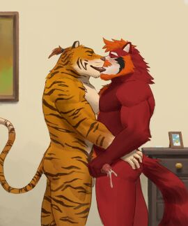 2022 ailurid alternate_version_at_source anthro anthro_focus ass ass_grab balls beard blush butt_grab closed_eyes damon_(c0lddevil) duo ejaculation facial_hair felid genitals hand_on_ass hand_on_butt handjob hi_res humanoid_genitalia humanoid_penis kissing male male/male mammal moustache muscular muscular_anthro muscular_male nude pantherine penile penis pubes red_panda santiago_(yeshh) sex standing tail tiger yeshh