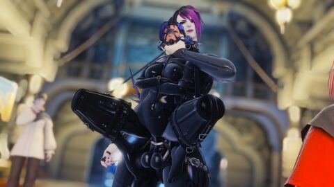 2girls 3d au_ra ball_gag belt belt_bondage big_dom_small_sub bondage collar fanny_packing female female_domination femdom femsub final_fantasy final_fantasy_xiv gag harness_ball_gag harness_gag helpless kidnapped kisa_kha latex latex_suit muscular muscular_female public public_exposure public_humiliation roegadyn straitjacket strap-on strapon xaela