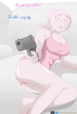 1girls 2d 2d_(artwork) anthro bed blue_(dick_figures) breasts cleavage dick_figures english_text female firearm laying_on_side nobytes_(artist) offscreen_character open_mouth panties pink_(dick_figures) ponytail shirt tagme thick_thighs