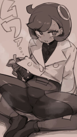 1girls :3 black_bodysuit black_hair blush bodysuit bodysuit_under_clothes commentary covered_collarbone dark-skinned_female dark_skin emma_(pokemon) emma_(pokemon_legends:_z-a) female gloves hair_between_eyes hair_ornament highres hizake hizake_mozu jacket jacket_tug kashu_(hizake) latex latex_bodysuit looking_at_viewer matiere_(pokemon) matiere_(pokemon_legends:_z-a) monochrome nintendo open_mouth pokemon pokemon_legends:_z-a saliva shoes short_hair sidelocks sitting sketch solo spread_legs steaming_body sweat swept_bangs translation_request wet